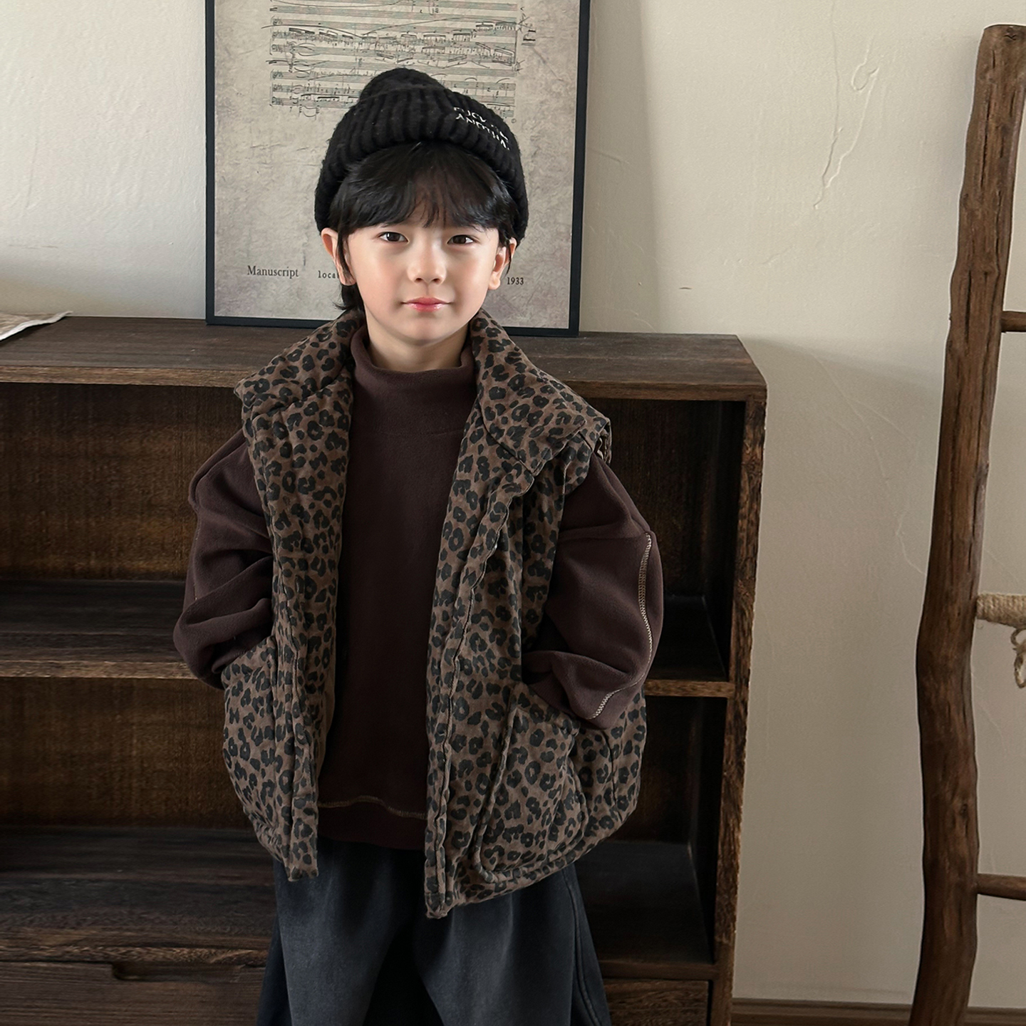 暮晨家新款冬装25男女童豹纹夹棉马甲中小童加厚保暖背心棉袄外套