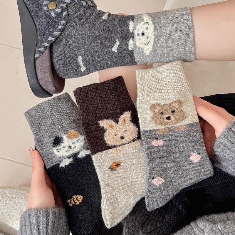 秋冬女童猫咪波点中筒袜女袜ins保暖加绒日系学生可爱卡通儿童袜