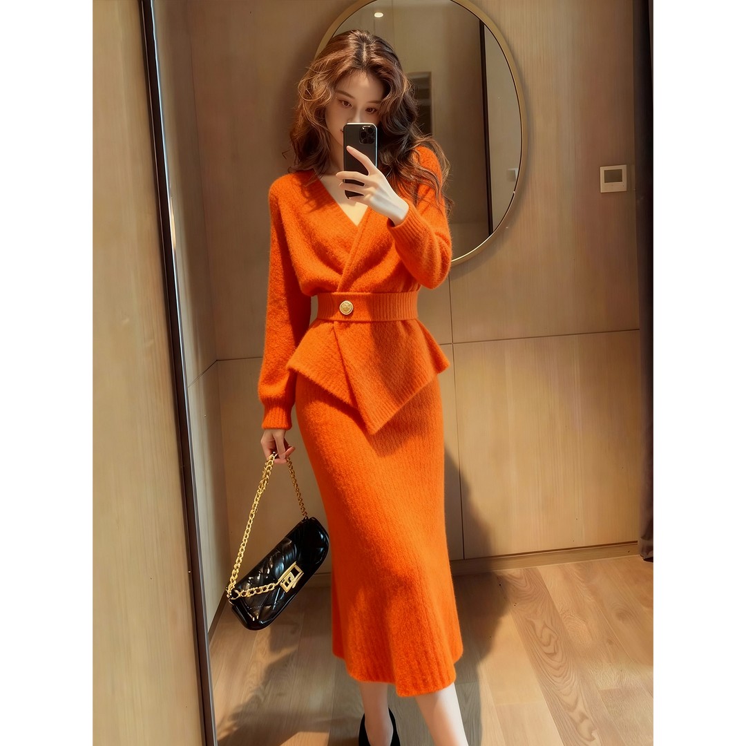 韩系一整套冬季穿搭橘色收腰V领毛衣重要场合漂亮超好看裙套装女
