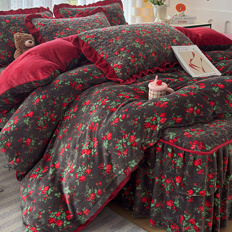 法式小碎花牛奶绒四件套夹棉床裙款冬季加厚法兰珊瑚绒被套罩床盖