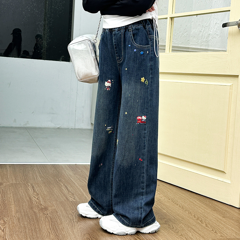 女童春秋款牛仔裤2025新款百搭宽松直筒卡通秋冬显瘦女学生牛仔裤