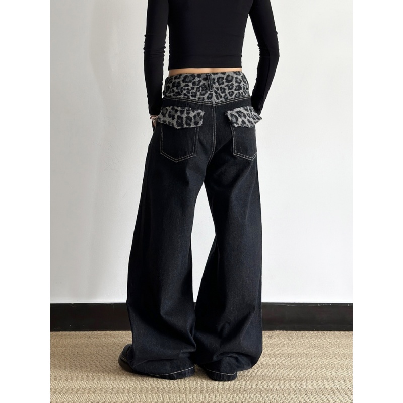 美式复古辣妹豹纹腰头拼接牛仔裤女秋冬新款小众高腰宽松阔腿裤潮