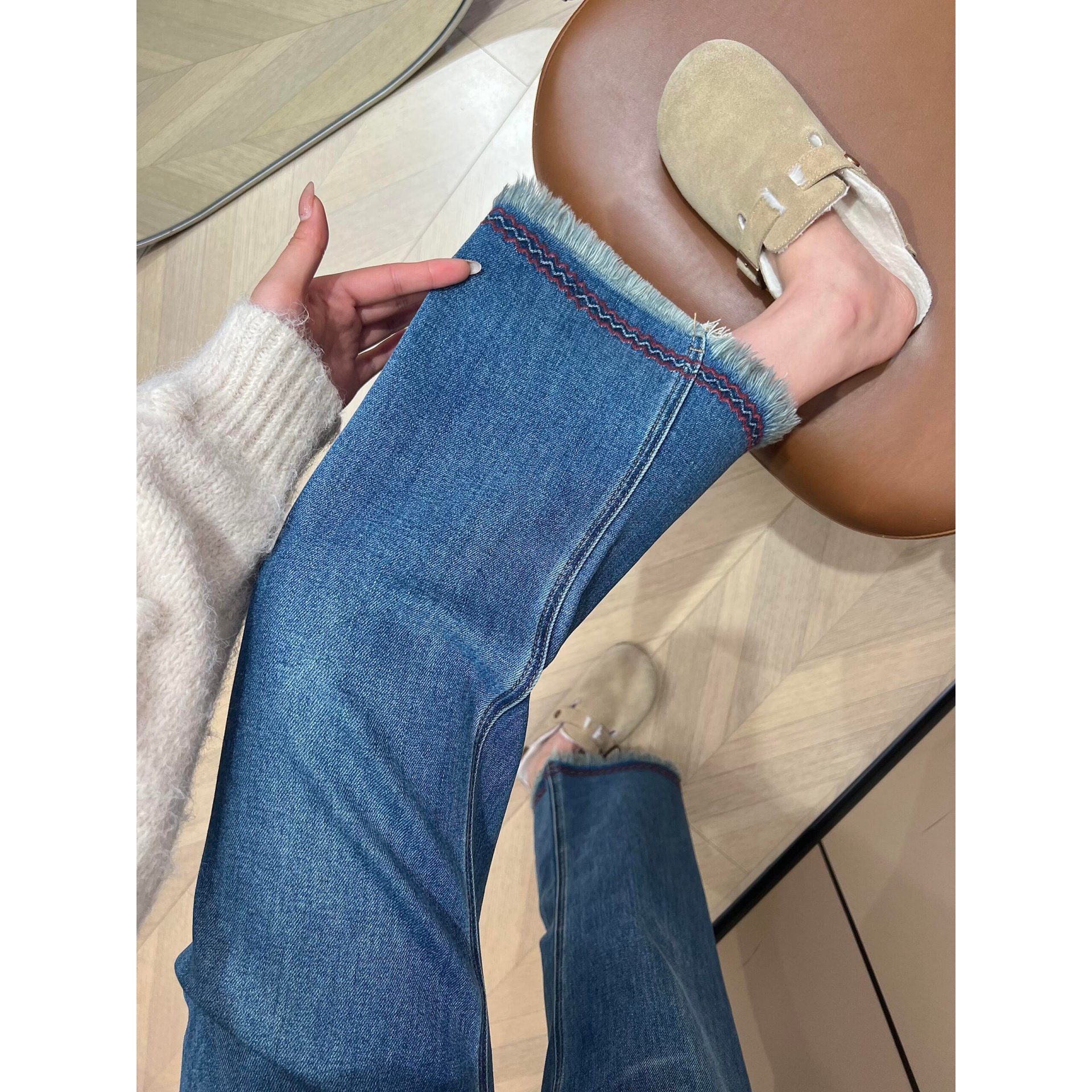 民族风环边刺绣直筒牛仔裤秋冬新款梨形小个子百搭流苏九分阔腿裤