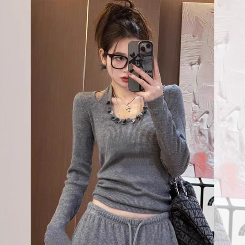 韩版高级感u领挂脖亮片针织衫打底女2025早春新款显瘦时尚长袖潮