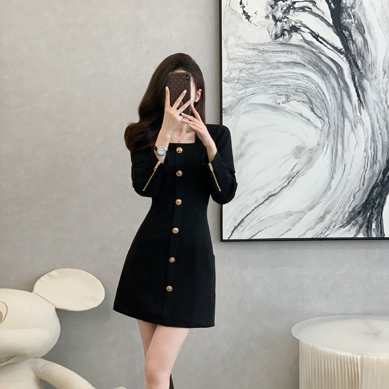 长袖纯色高弹力连衣裙黑色小香风名媛裙子拼接气质秋季赫本风复古