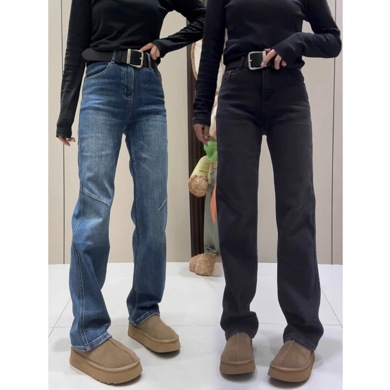 飞芊娅春季新款高腰直筒牛仔裤女梨型身材女款遮肉显瘦窄版阔腿裤