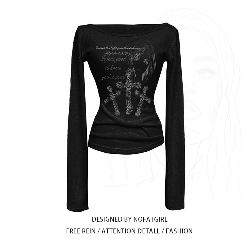 大码胖MM长袖T恤女秋季不规则露肩修身显瘦百搭美式辣妹上衣