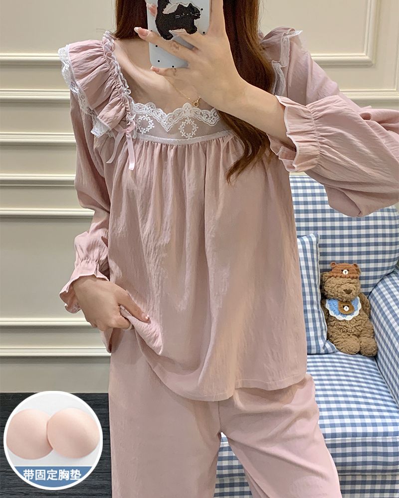 带胸垫春秋季睡衣女长袖长袖套装亲肤棉甜美宫廷风蕾丝花边家居服