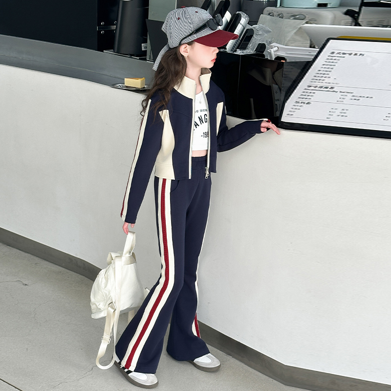 女大童春秋款套装2025新款洋气女孩韩版立领卫衣休闲宽松喇叭长裤