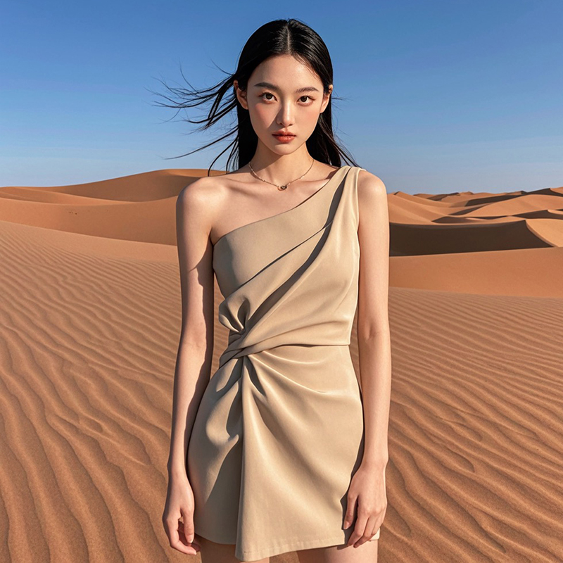 设计感气质斜肩收腰连衣裙女2025新款时尚百搭生日裙子高级感女