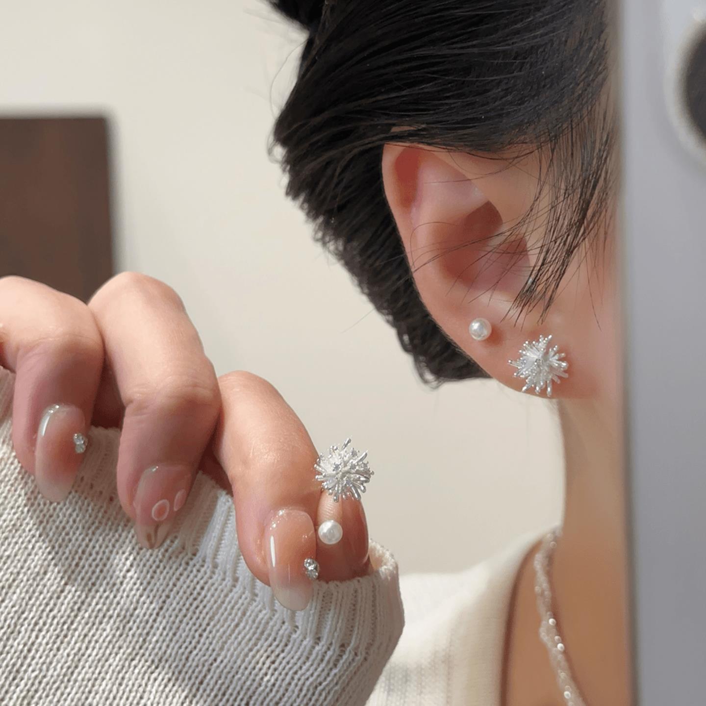 合金耳饰 小巧精致锆石烟花珍珠耳钉四件套轻奢气质百搭耳环女