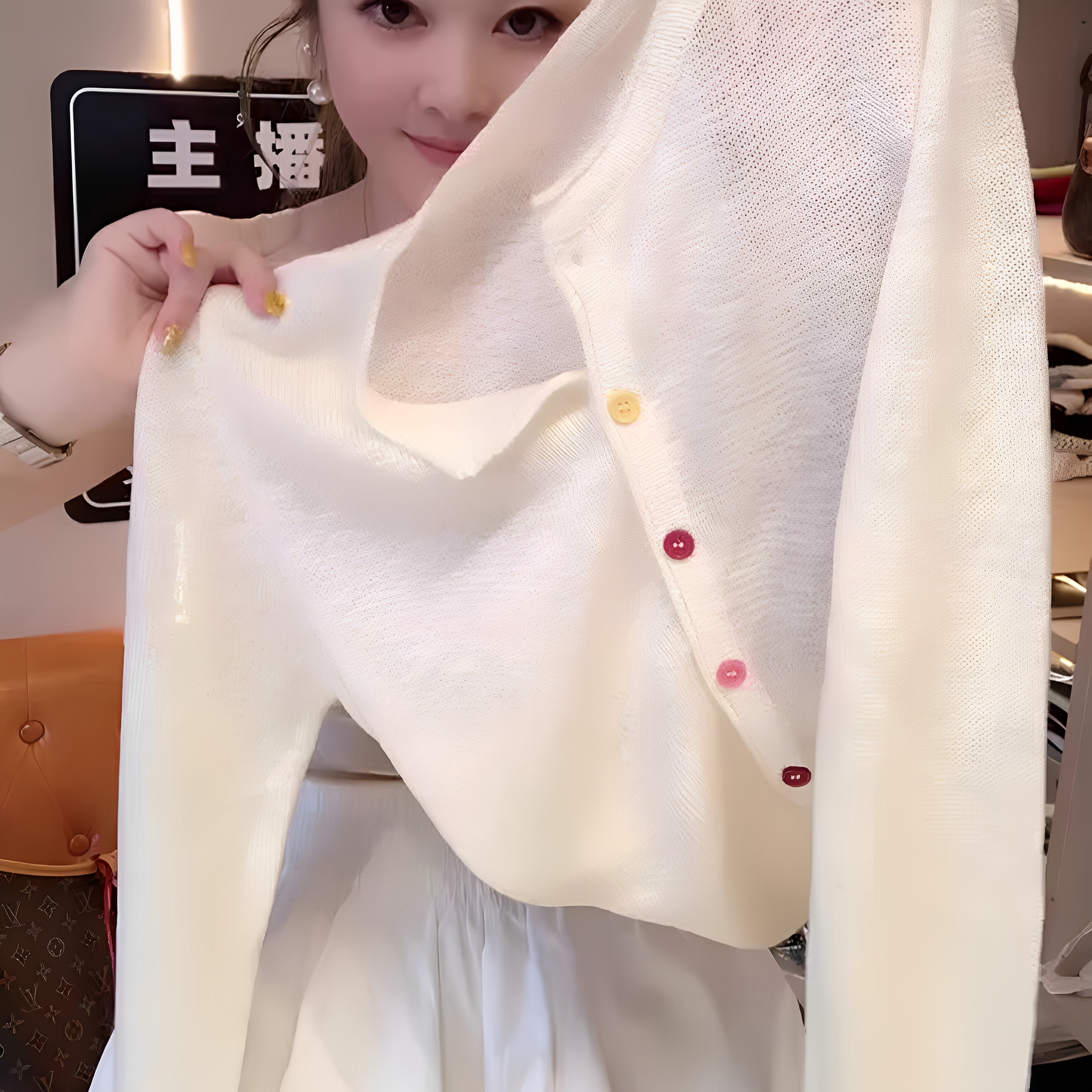 2025夏季新款女士韩系简约时尚白色上衣圆领轻薄防晒长袖针织开衫