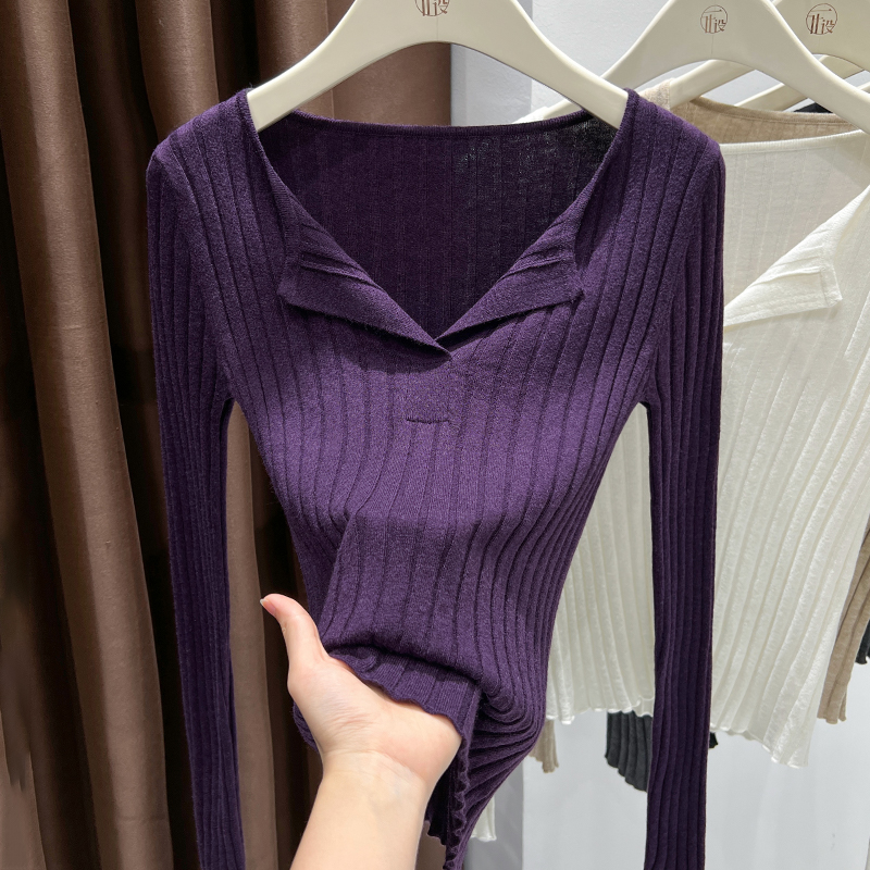 法式紫色翻领针织衫上衣女2025早秋新款高级感绝美薄款长袖T恤