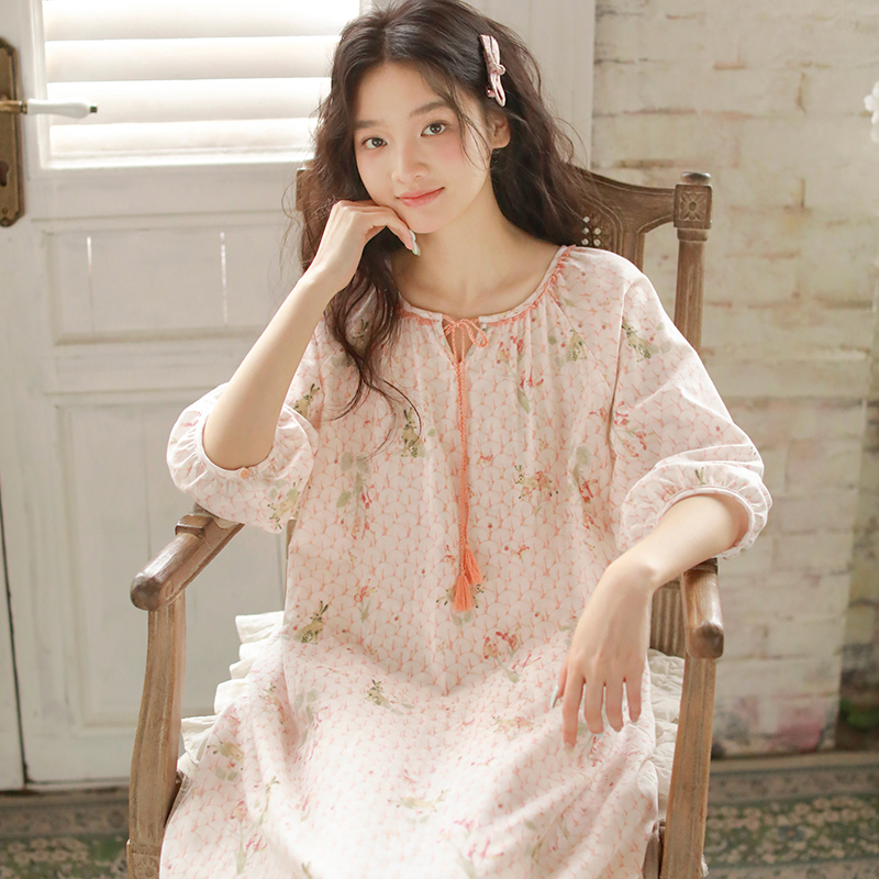 春夏纯棉女士睡裙甜美印花宽松设计感气质碎花五分袖睡裙