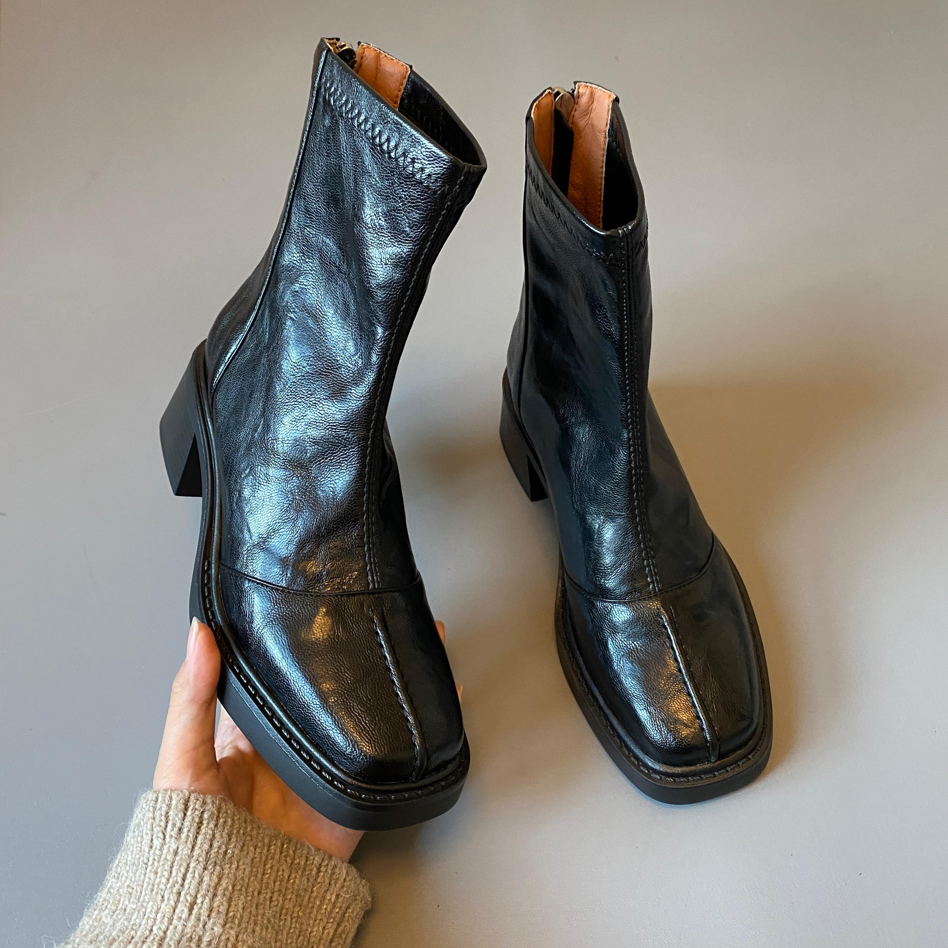 羊皮版~复古高跟女短靴方头小众弹力靴秋冬马丁靴粗跟瘦瘦靴女