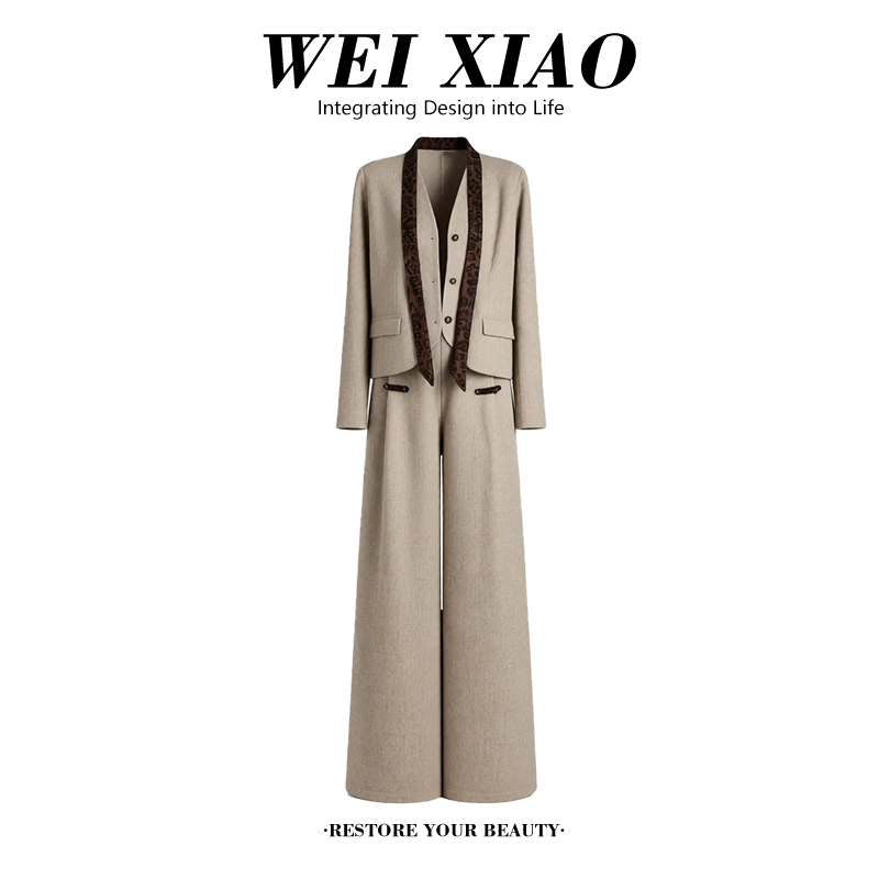 2026春秋新款洋气显瘦西装外套打底背心时尚领带气质阔腿裤四件套