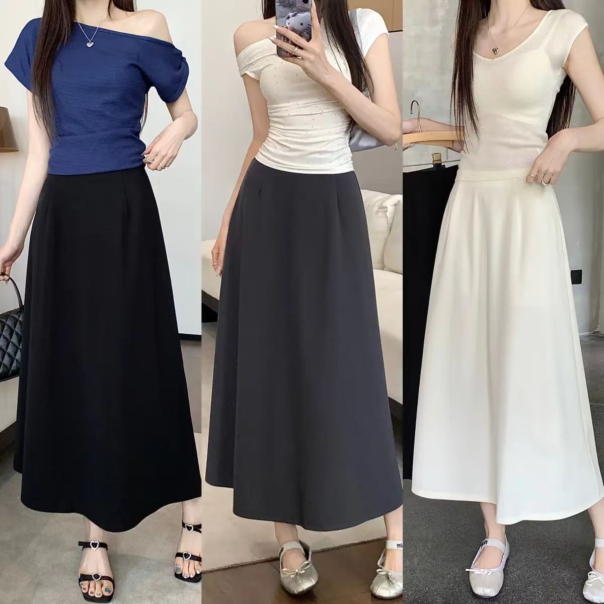 868垂感半身裙女2025夏季新款遮胯显瘦中长裙高腰减龄百搭大摆裙