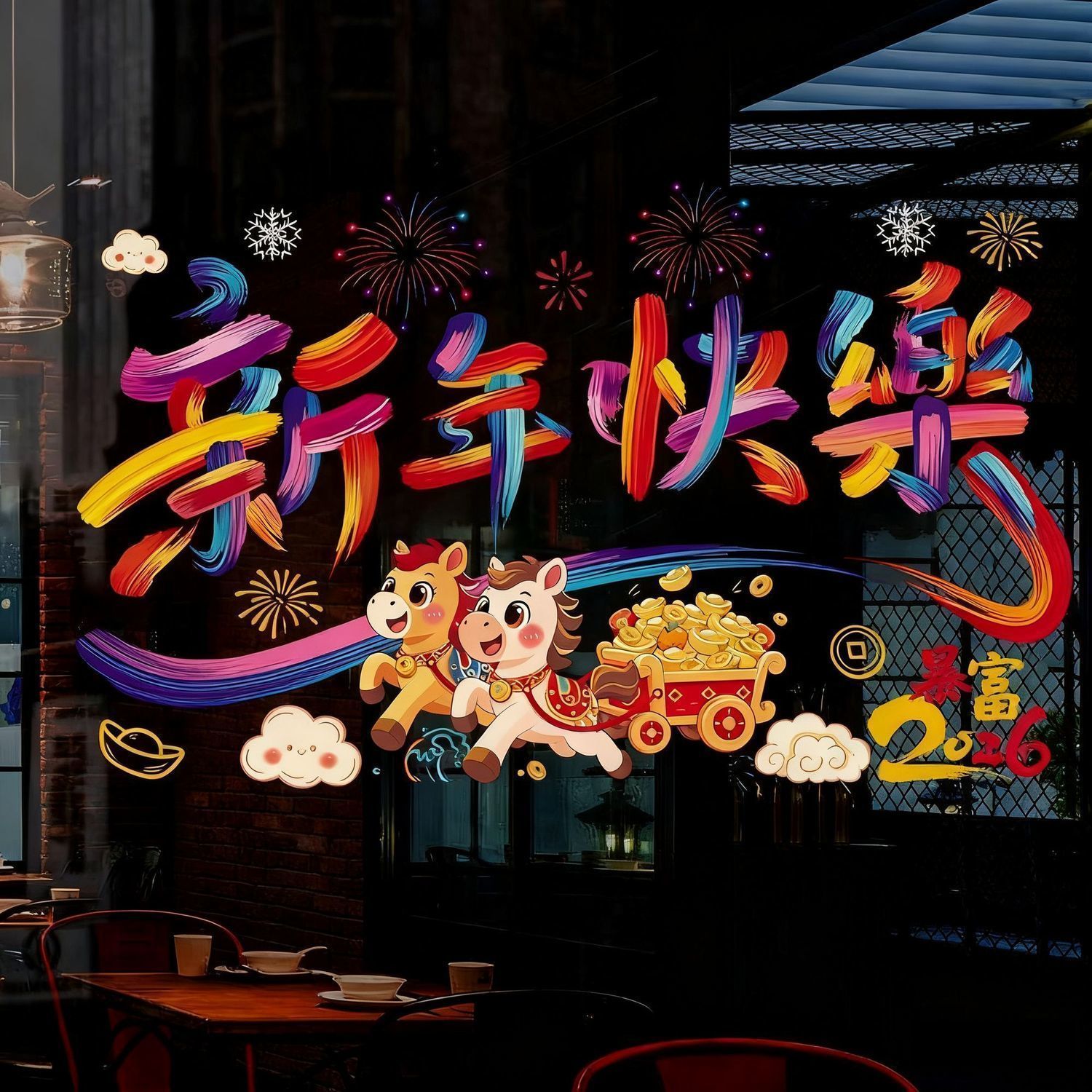 2026马年祝福语春节福字装饰布置彩绘静电窗花过年创意文字彩虹贴