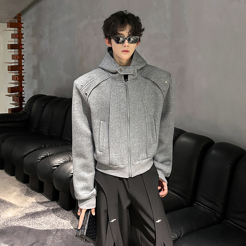 垫肩小众设计立体解构连帽外套男秋季拉链金属性开衫厚男卫衣