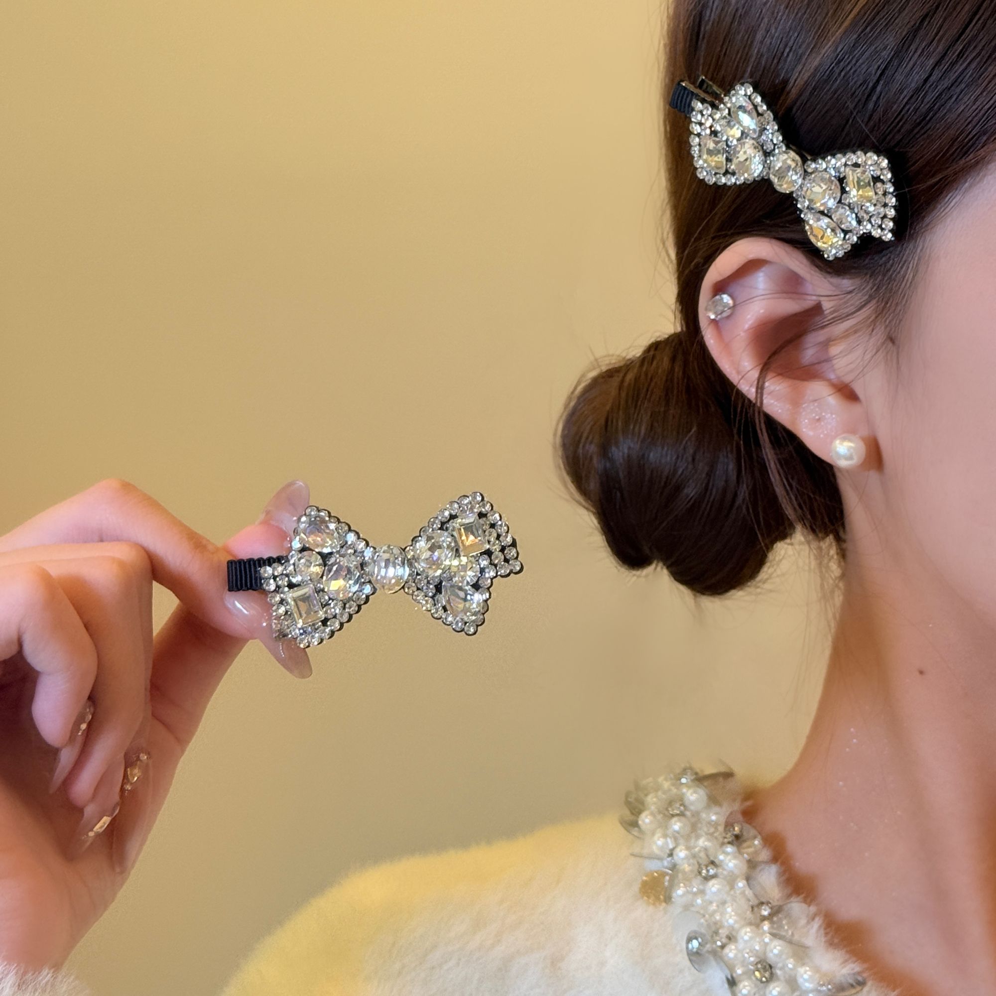 韩女千金 韩系闪钻蝴蝶结发夹轻奢气质碎发边夹发卡