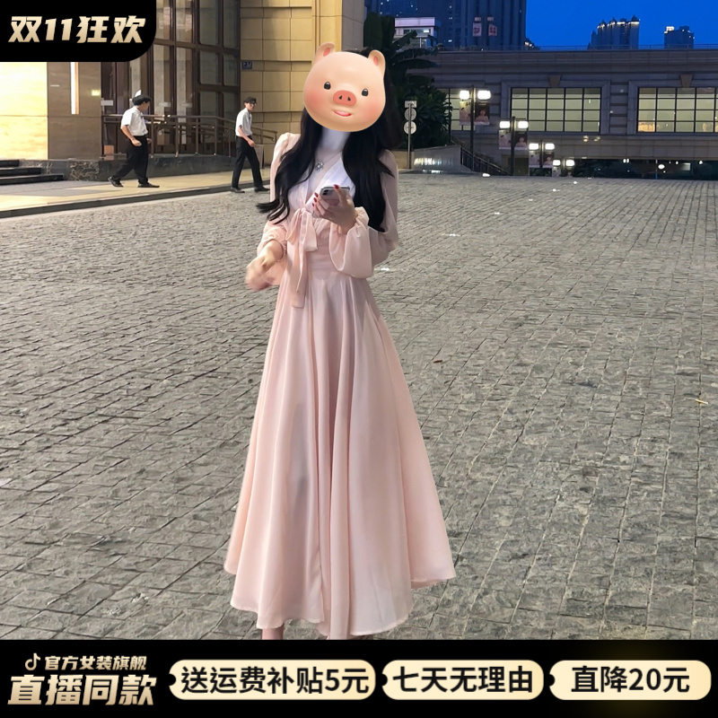 法式粉色温柔V领蝴蝶结系带长袖连衣裙子女2025新款法式绿色荡领