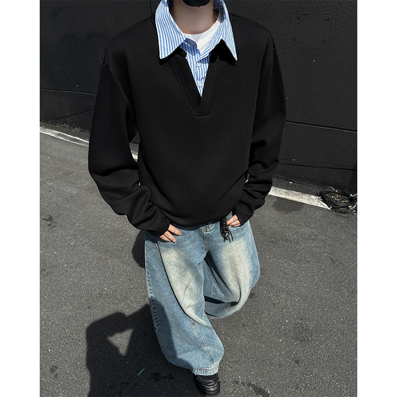 假两件衬衫领卫衣男款早秋潮牌宽松高级感痞帅长袖T恤休闲上衣服
