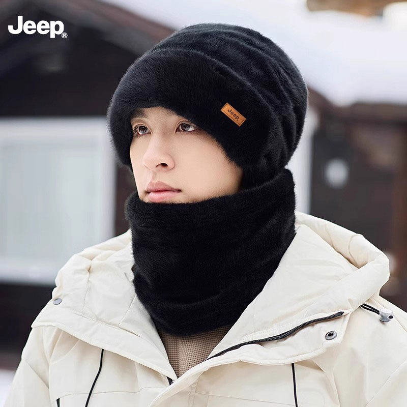 JEEP/吉普帽子男士2025新款冬季加绒加厚保暖帽护耳护颈围脖套装