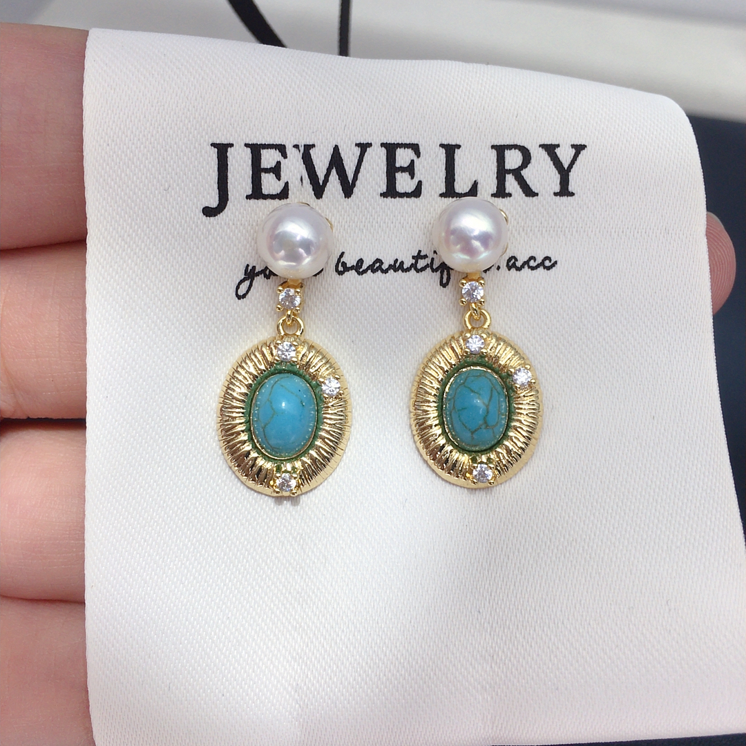 诸暨天然淡水珍珠无核珍珠耳钉复古椭圆镶嵌绿松石虎眼石珍珠耳环