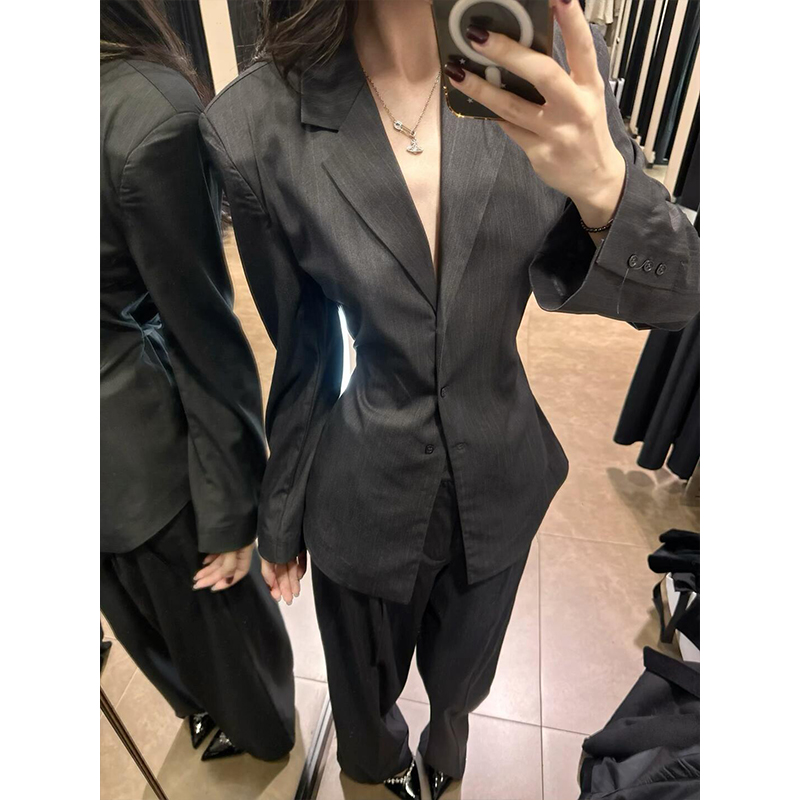 2025新款女士早春季赫本风小众设计感收腰西装外套高腰宽松阔腿裤