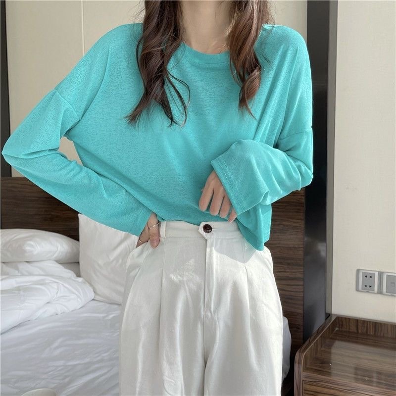 透气防晒专业长袖长款T恤女多巴胺ins圆领极简风纯色薄款防晒罩衣