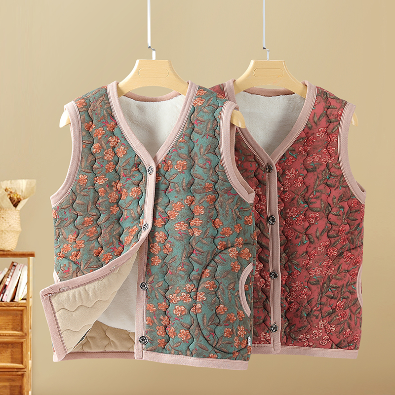 中老年女秋冬装保暖马甲加绒加厚奶奶装花棉袄背心坎肩妈妈装外套