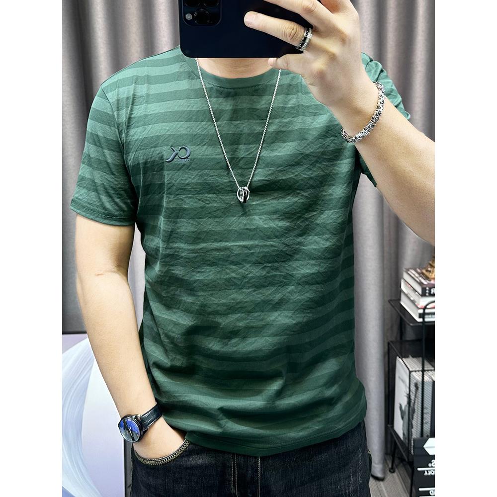 2025夏季新款条纹短袖t恤天丝棉麻圆领半袖上衣休闲薄款体恤衫潮