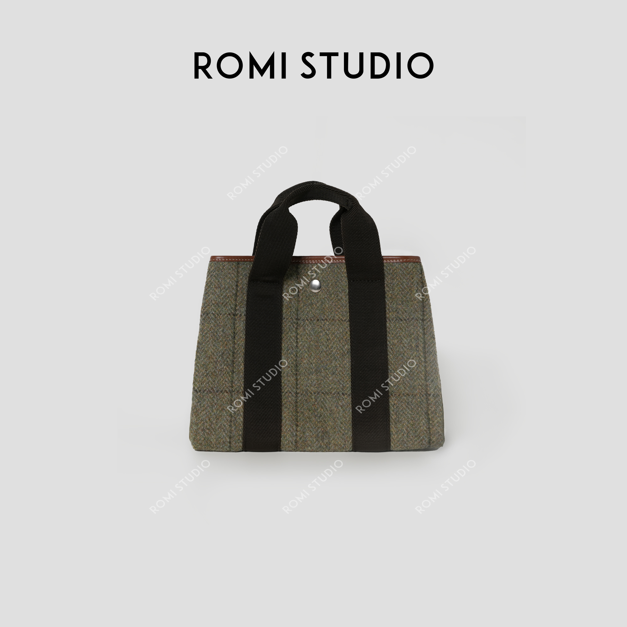 ROMI STUDIO 首饰袋 绵羊毛绒格纹帆布拼接手提托特包434S4063