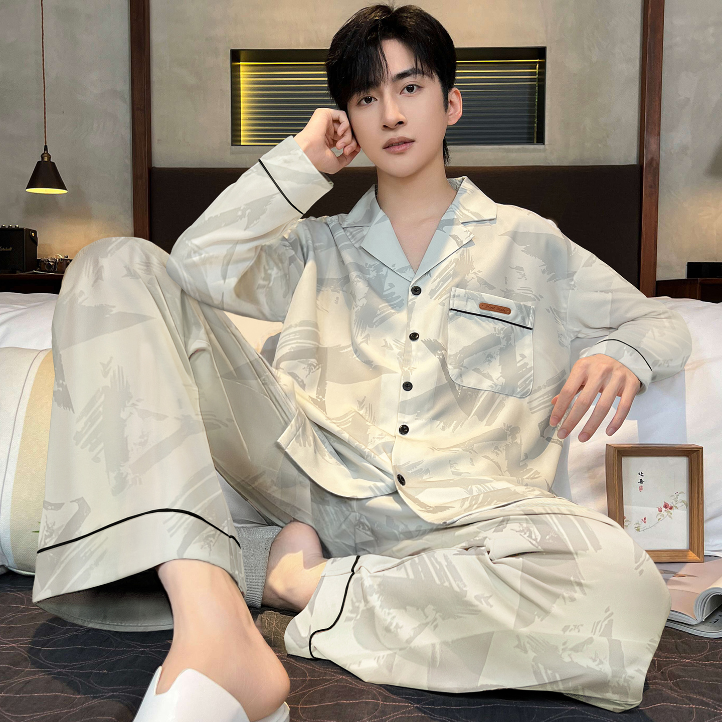 夏季睡衣男士纯棉长袖春秋薄款青少年青少年家居服全棉套装可外穿