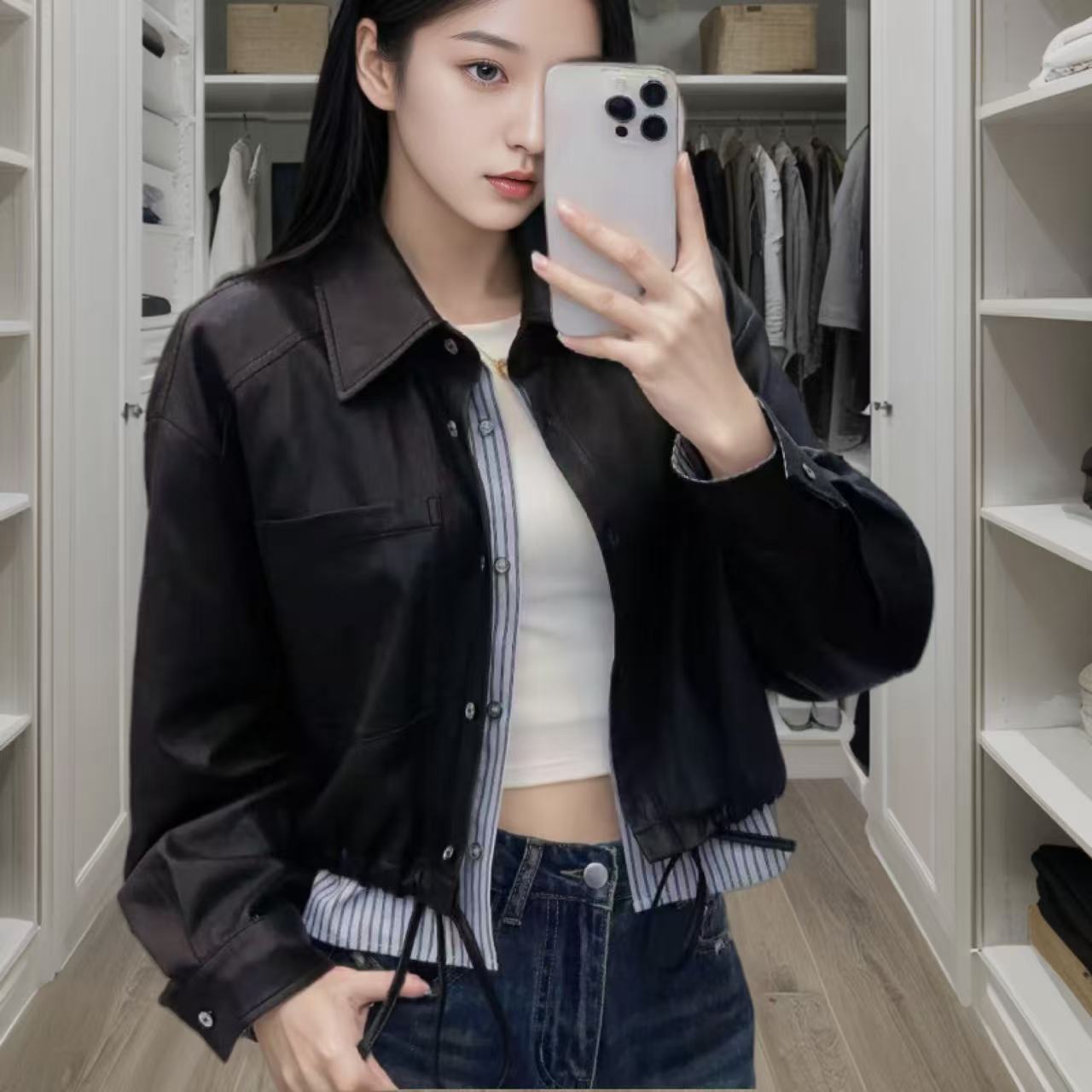 假两件拼接PU短款皮衣时尚女装春秋百搭夹克上衣日奢风复古风