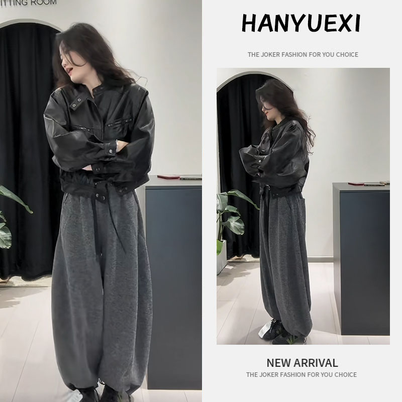 【现货】秋季时尚女装2025新款韩版洋气宽松皮外套高腰休闲裤两件套