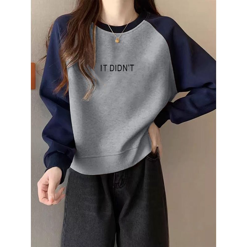 美式复古插肩长袖加绒卫衣女秋冬短款小个子宽松套头外套爆款上衣