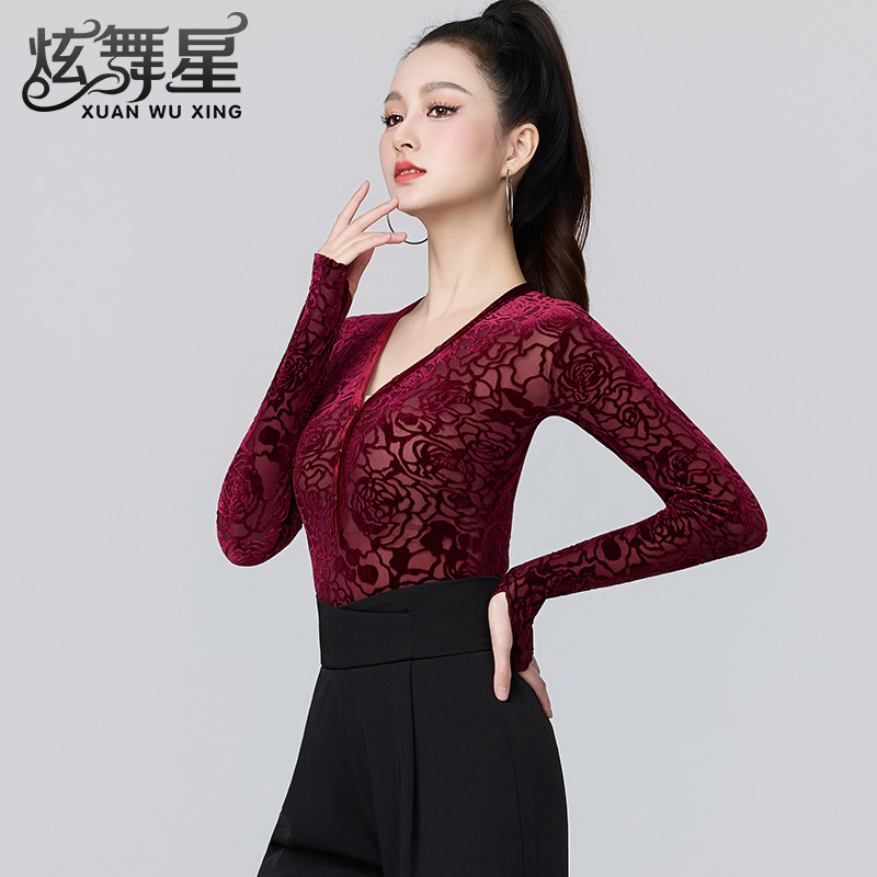 新款拉丁舞服成人时尚V领长袖摩登舞练功服高级植绒扎染交谊舞衣