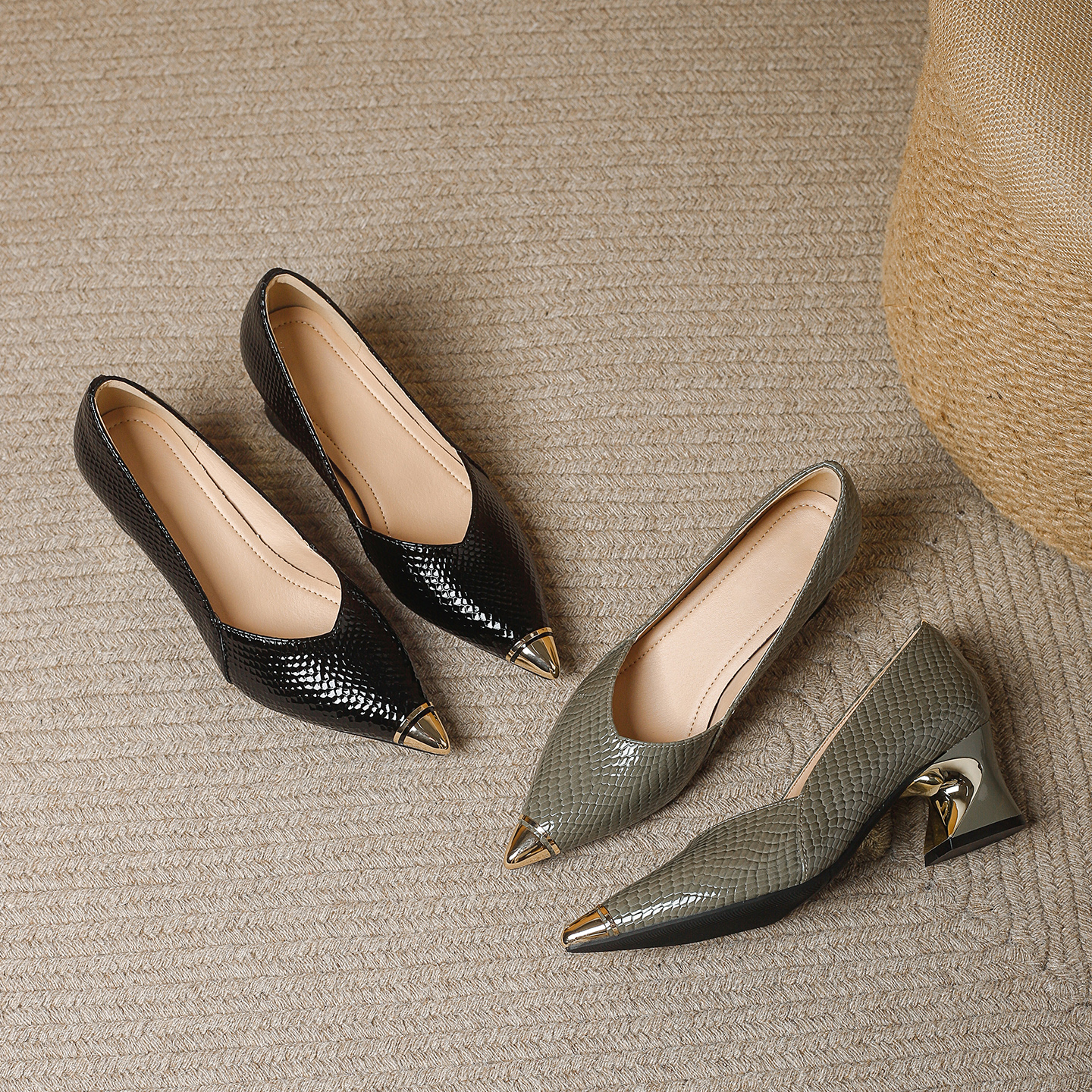 法式真皮尖头中跟浅口单鞋女2025新款粗跟舒适铁头通勤职业工作鞋