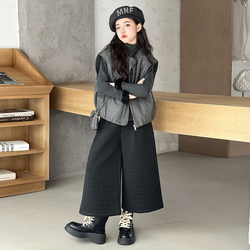 女童韩系皮马甲洋气绗棉裙裤套装2025新款中大童高级感穿搭三件套