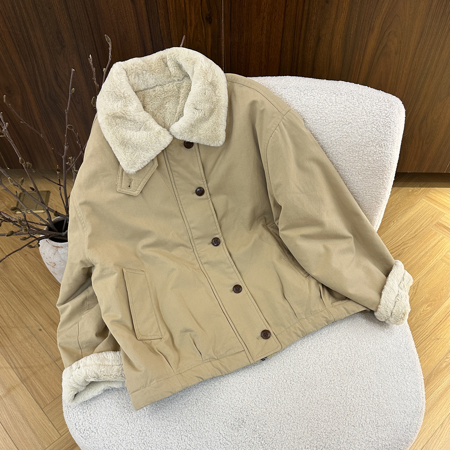 [核桃]冬季冬款翻领仿兔毛绒加厚加绒保暖休闲长袖派克服外套