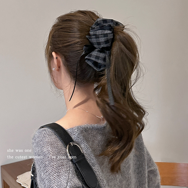 复古格纹蝴蝶结飘带发夹女后脑勺高马尾香蕉夹发卡秋冬新款抓夹子