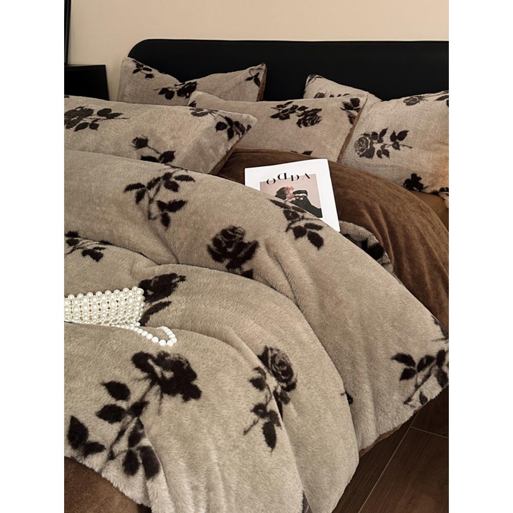 水星高端家纺美拉德风格兔毛绒四件套牛奶天鹅绒床上用品，羊毛衬