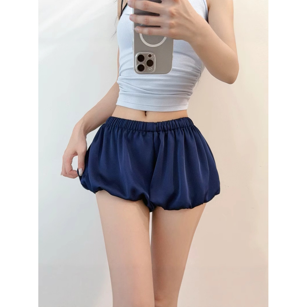 纯欲缎面醋酸花苞短裤女辣妹松紧腰纯色显腿长包臀热裤裙裤夏季