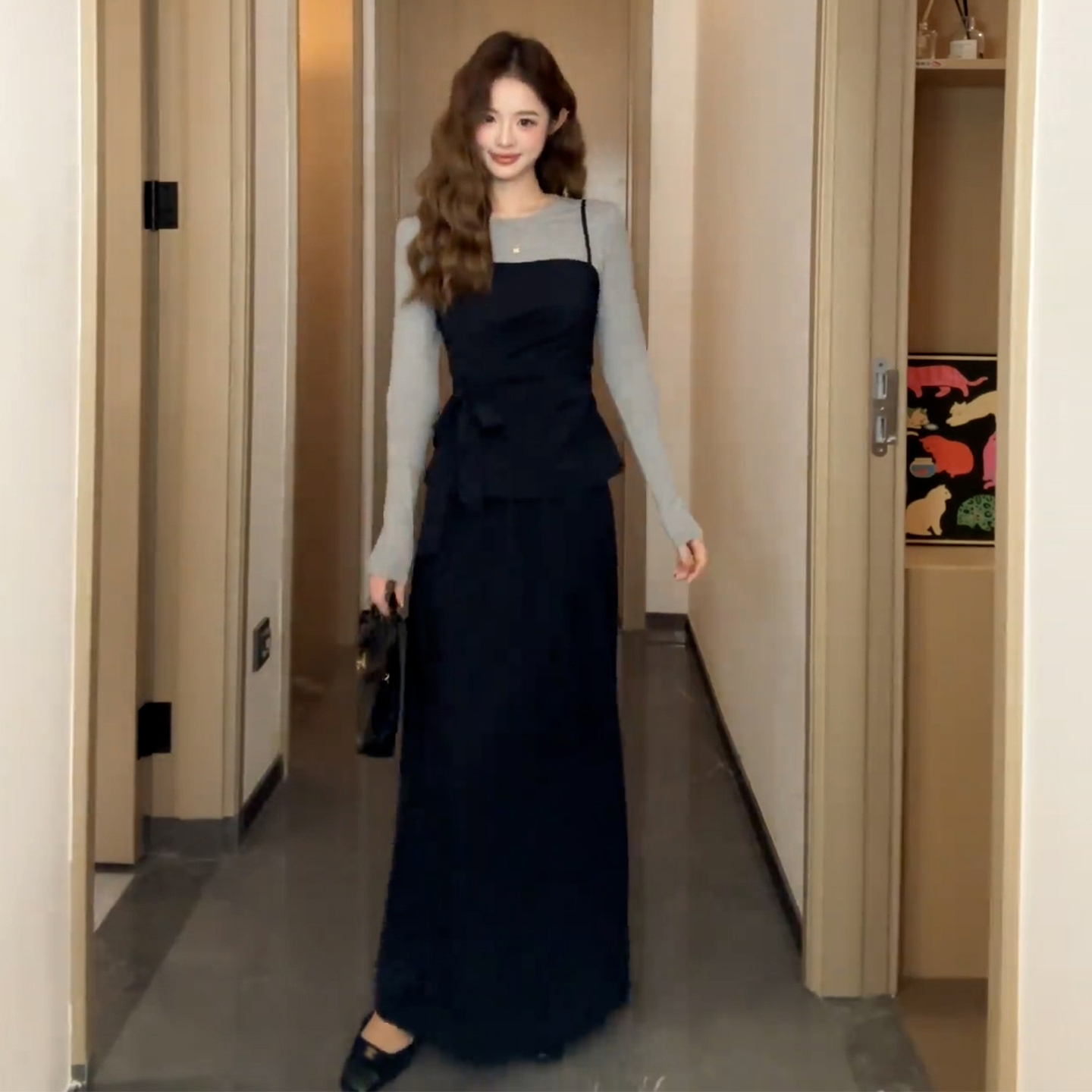 T恤女叠穿吊带背心阔腿裤早秋季高级感气质一整套ootd穿搭7688