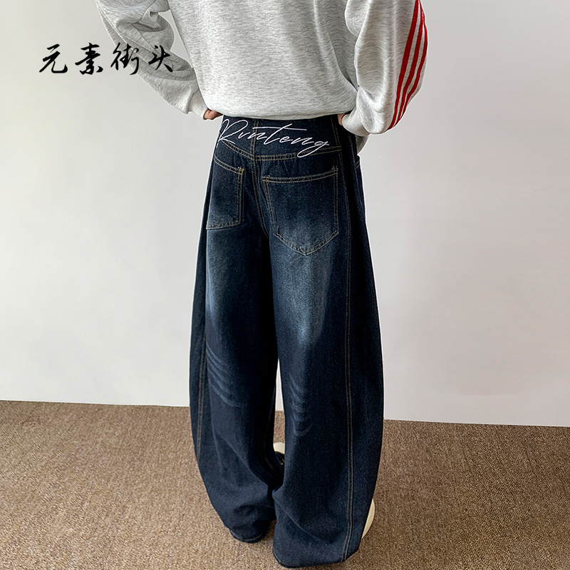 美式复古刺绣弯刀阔腿牛仔裤男2025春季新款高腰直筒宽松拖地裤子