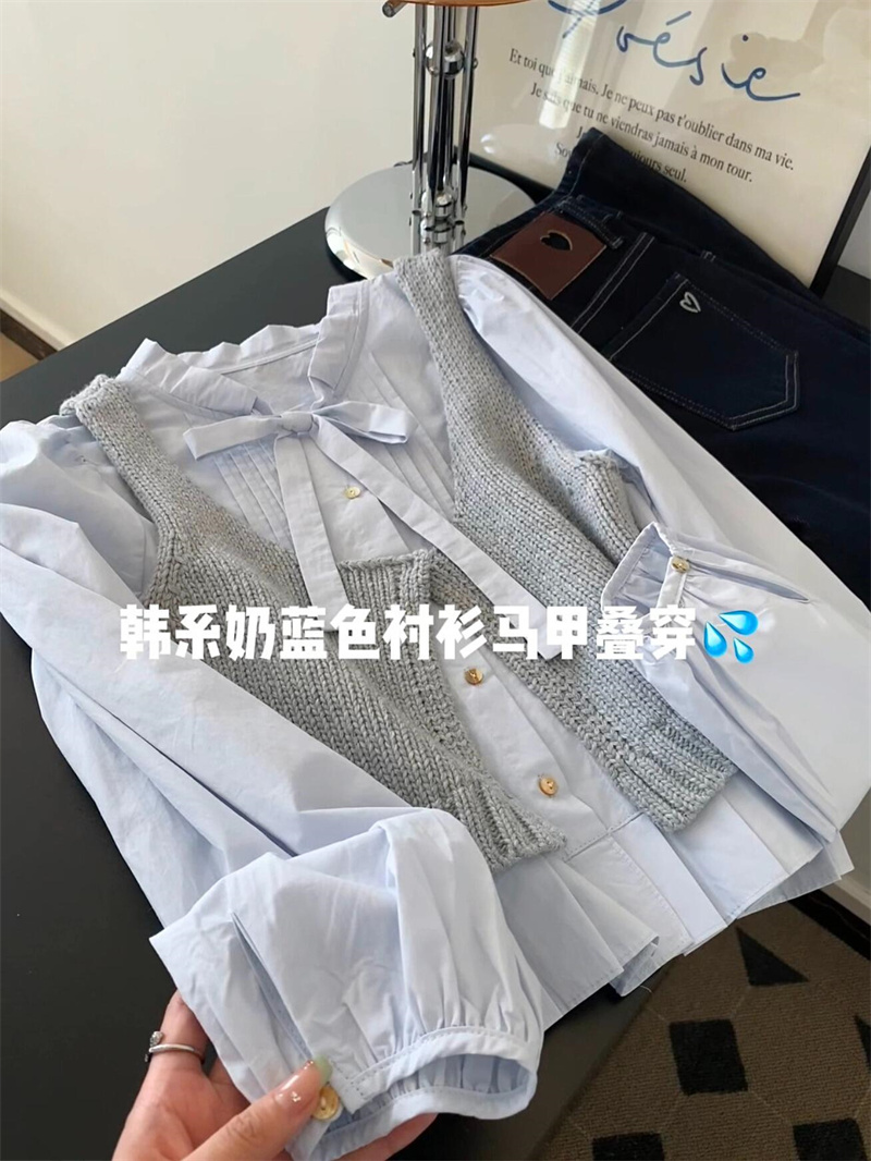 韩系别致漂亮蝴蝶结系带衬衫叠穿针织背心女春季小香风上衣两件套
