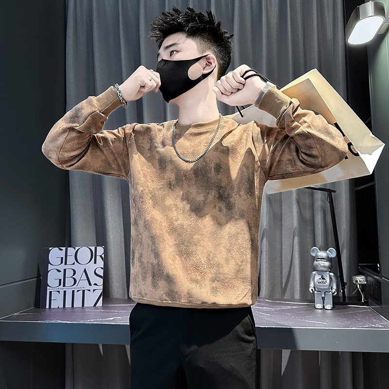 痞帅扎染卫衣男款春秋季潮牌圆领长袖T恤打底衫2025新款套头上衣