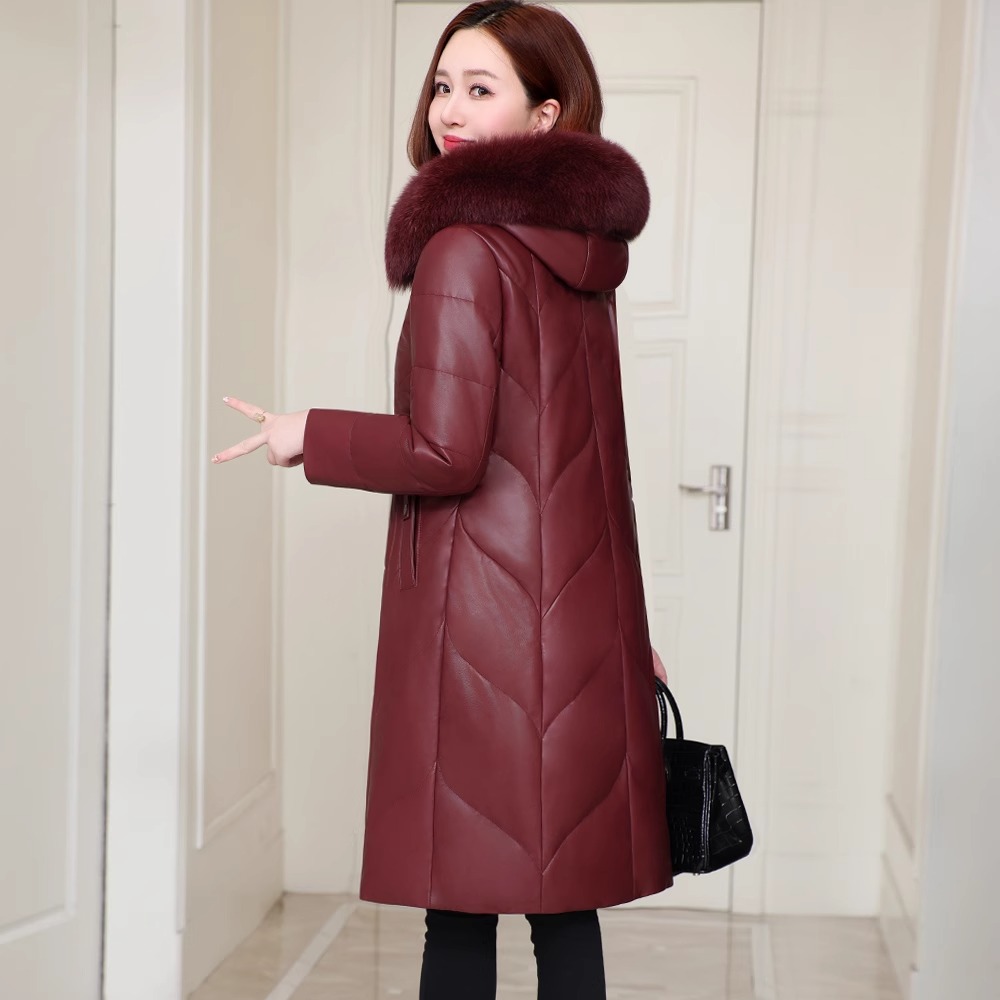 绵羊皮真皮羽绒服中长款皮衣女2024新款冬季中年妈妈修身外套
