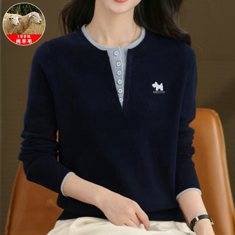 妈妈装100%纯羊毛衫中老年女秋冬季圆领假两件毛衣大码针织打底衫